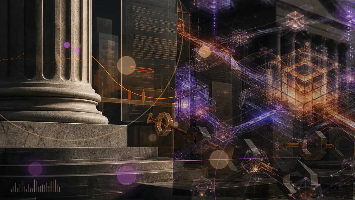 Conceptual illustration of swirling Ethereum transaction paths beside a federal indictment and sanctions ledger
