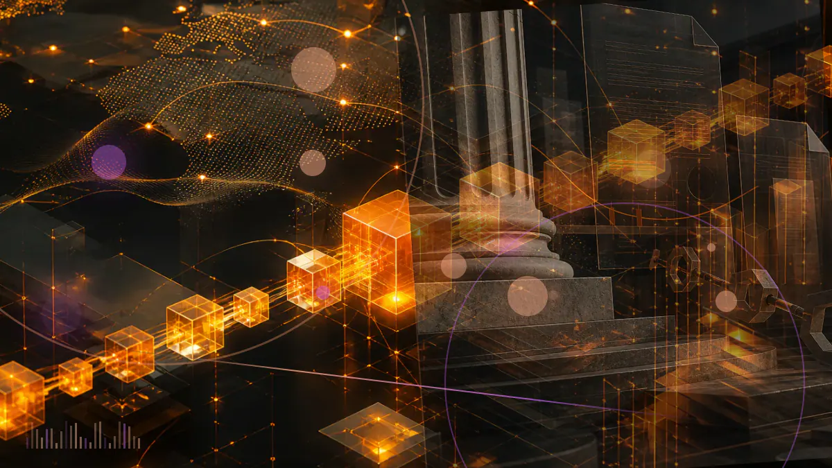 Conceptual illustration of blockchain validators and software code separated from a regulated tax-reporting ledger
