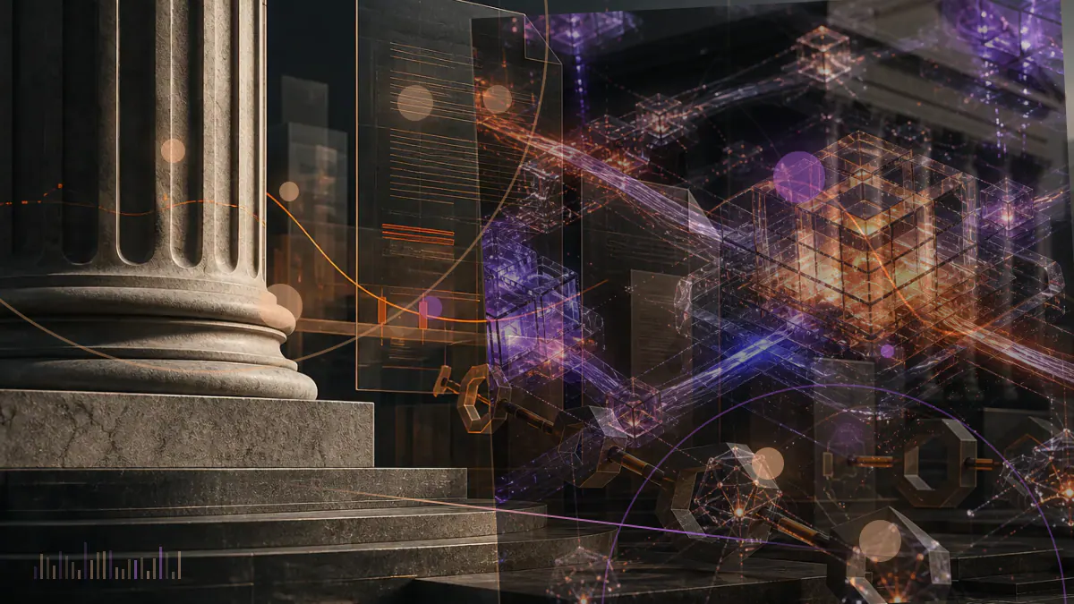 Conceptual illustration of a decentralized-finance network being examined through a federal regulatory and financial-crime framework