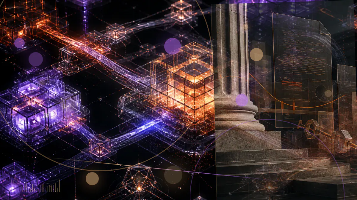 Conceptual illustration of the U.S. Treasury building connected to cryptocurrency, stablecoin and digital-payment symbols arranged around a public policy document