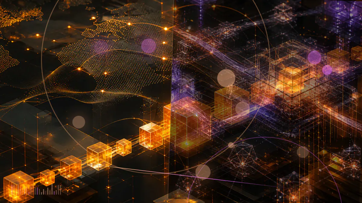Conceptual illustration of a stablecoin ledger being examined through digital identity, artificial intelligence and compliance-monitoring layers