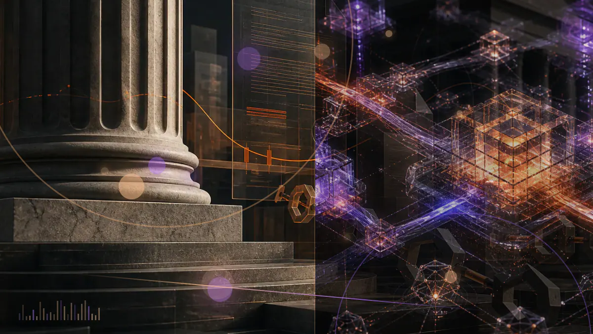 Conceptual illustration of dollar stablecoins moving between state and federal regulatory frameworks connected by a certification gateway