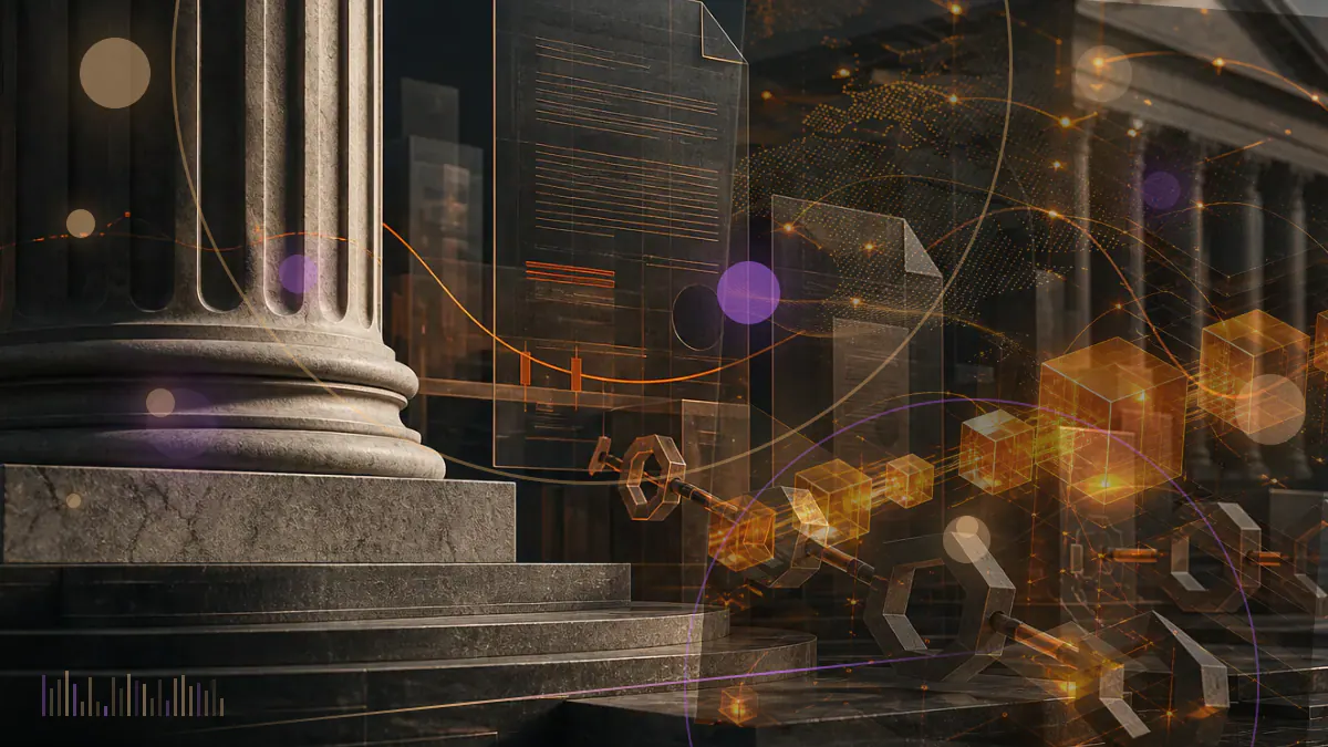 Conceptual illustration of a regulated-asset blockchain joining a publicly listed corporate structure