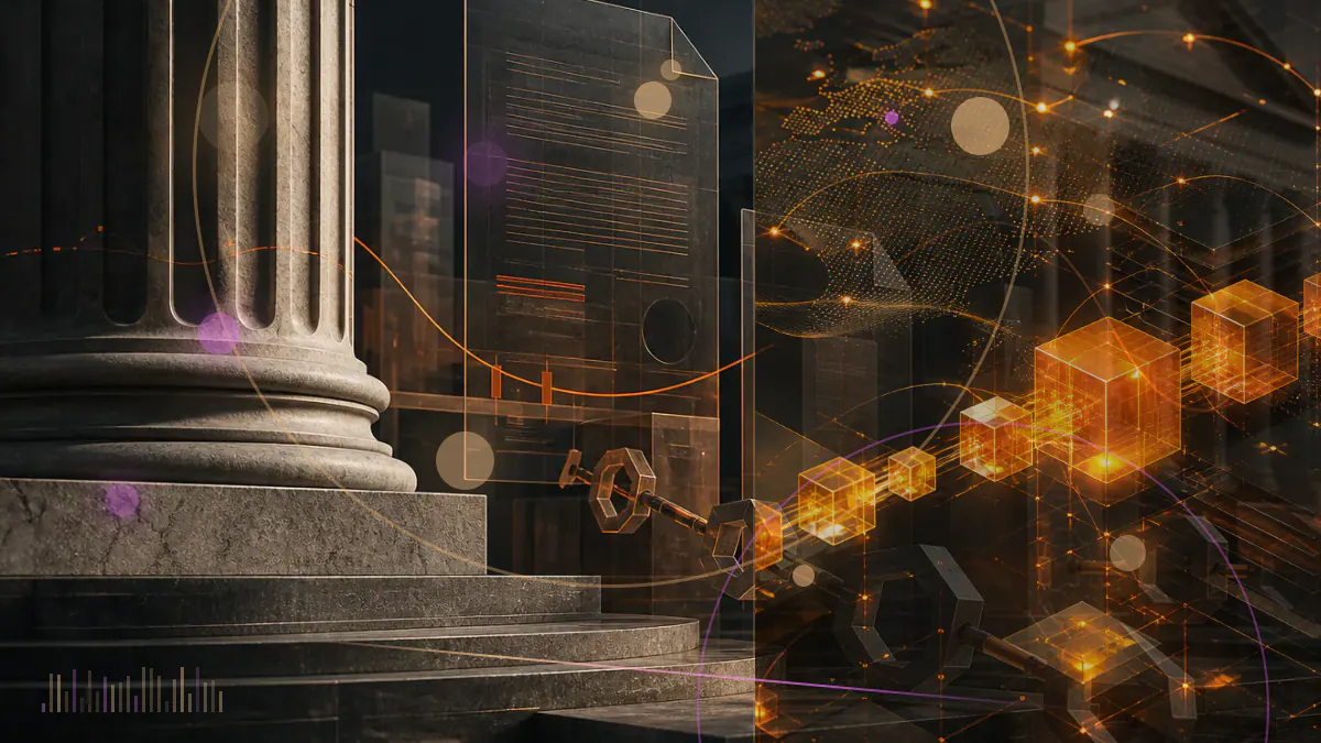 Conceptual illustration of the White House between a bitcoin symbol, an abstract digital-currency emblem and a U.S. dollar divided by regulatory lines