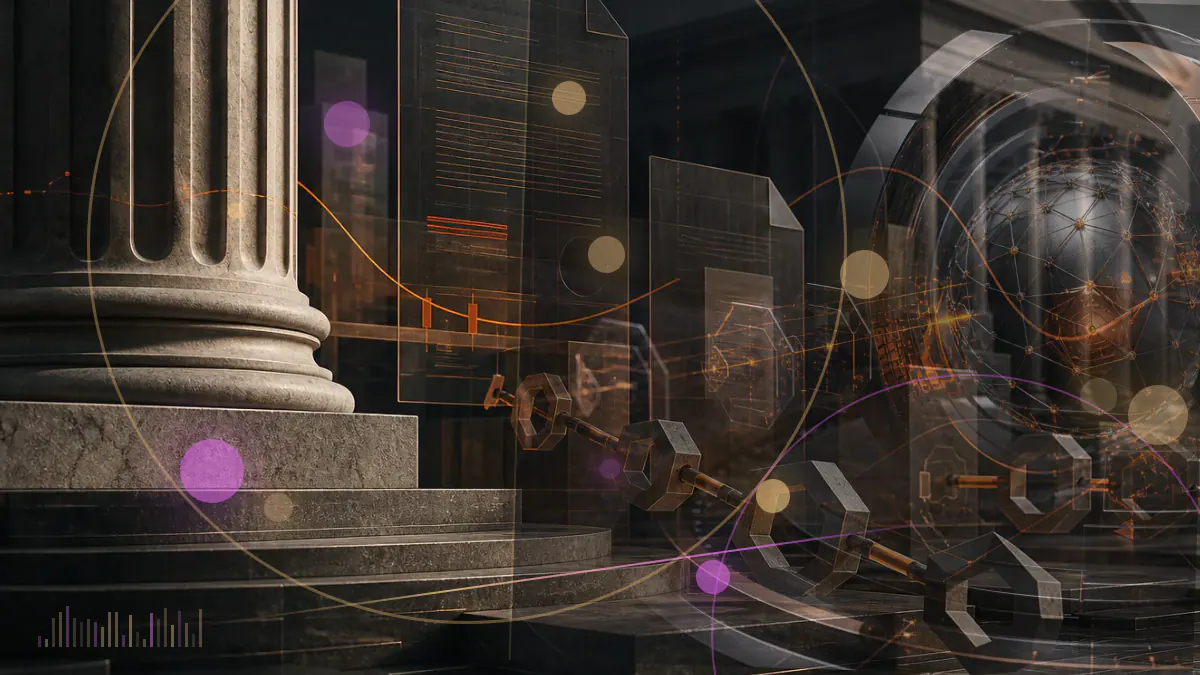 Conceptual illustration of bitcoin entering a United States government vault beside a presidential campaign podium