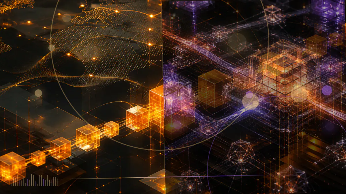 Conceptual editorial illustration of a gold political meme token above purple and green blockchain network lines
