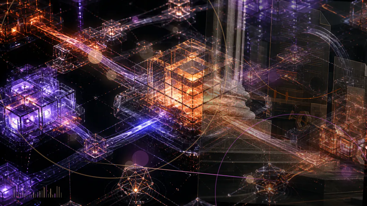 Conceptual illustration of a corporate balance sheet and secured financing instruments converging on a bitcoin treasury reserve