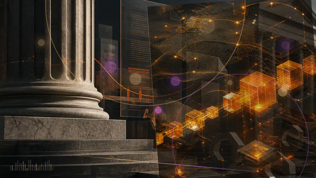 Conceptual illustration of CRO tokens moving between a corporate balance-sheet ledger, a public-market vehicle and the Cronos network