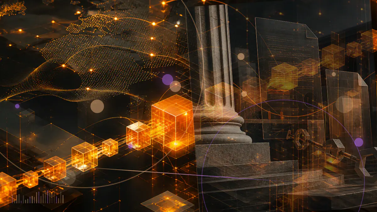 Conceptual illustration of the SEC building, a regulatory document and digital-asset network motifs marking a prospective leadership change