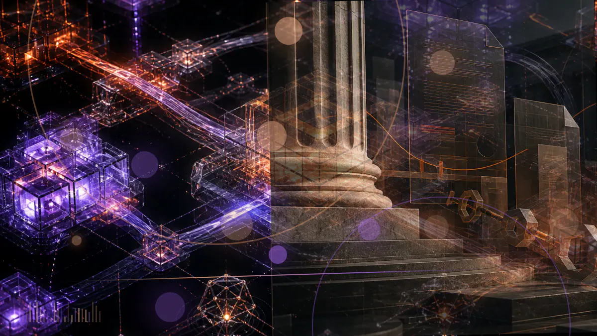 Conceptual illustration of digital tokens moving through a UAE regulatory ledger with an exempt VAT notation