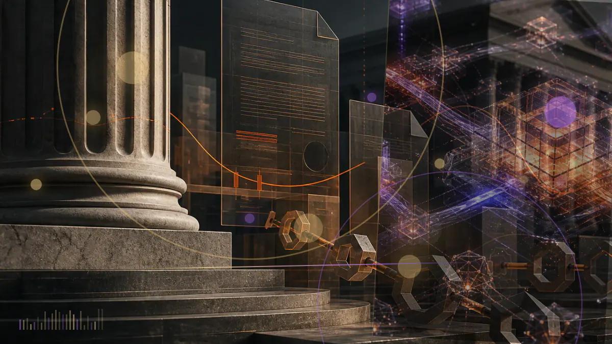 Conceptual illustration of corporate cash moving between a bank deposit token and a tokenized money-market fund