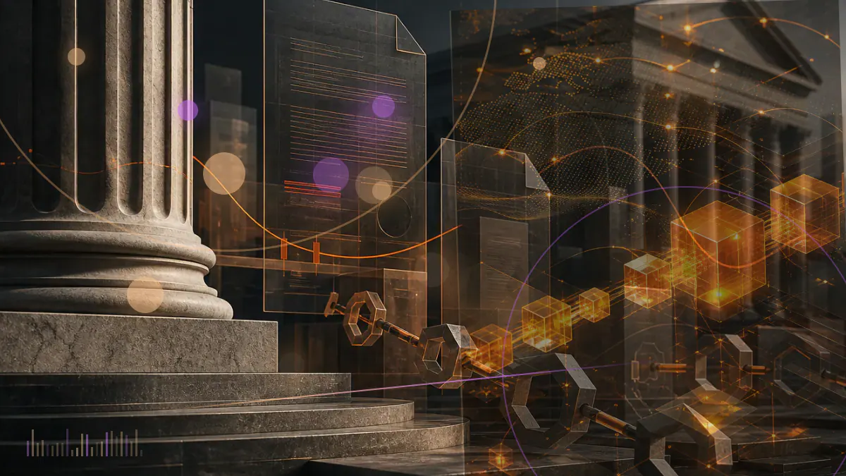 Conceptual illustration of a digital-asset ledger entering the columns of the UK Parliament under a regulatory framework