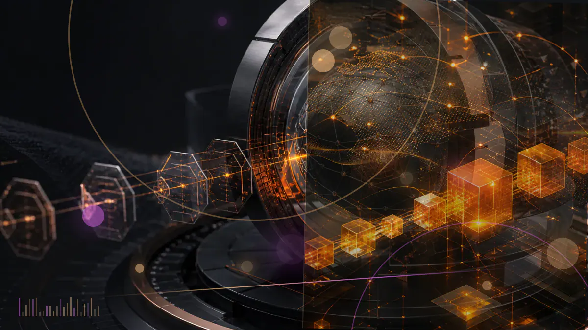 Conceptual illustration of blockchain contract code merging with an English legal document and judicial ledger