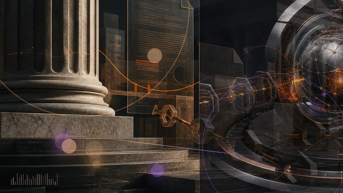 Conceptual illustration of the UK Parliament and a regulatory framework forming around cryptocurrency exchanges and digital tokens