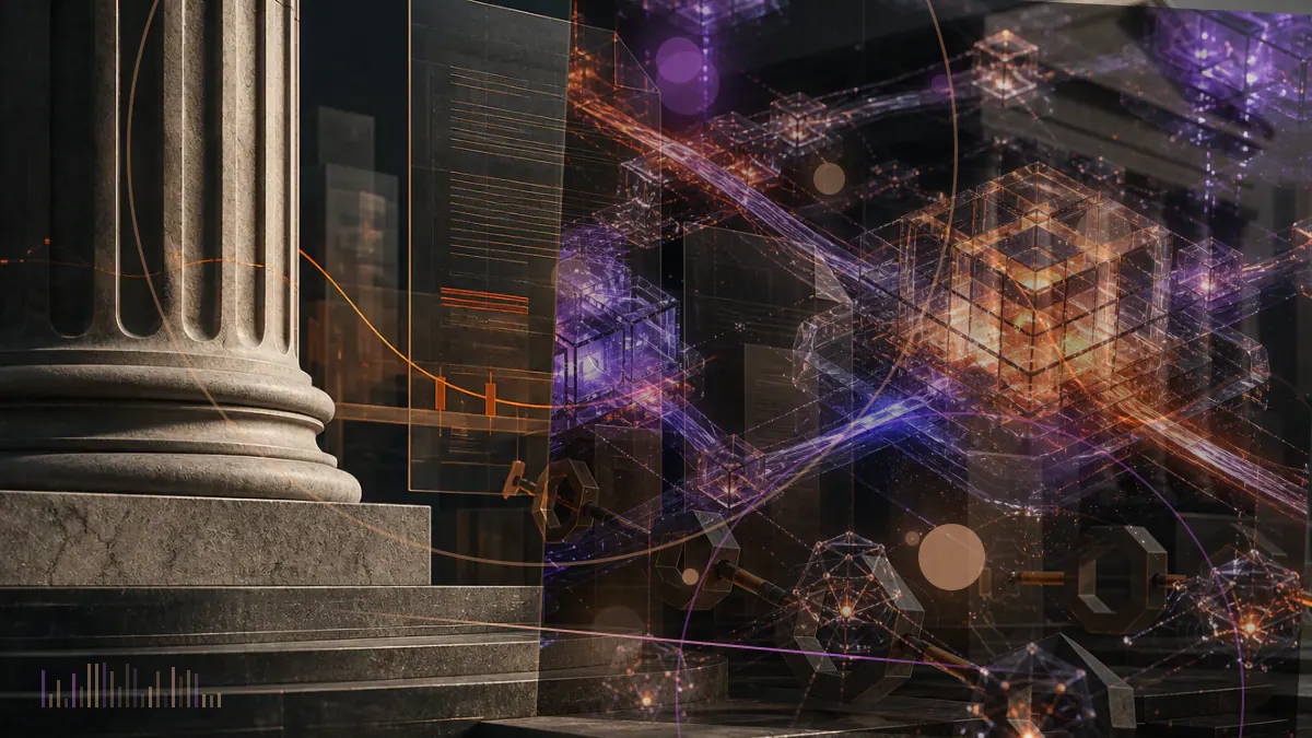 Conceptual illustration of a UK policy document, digital tokens and an advertising frame under regulatory review