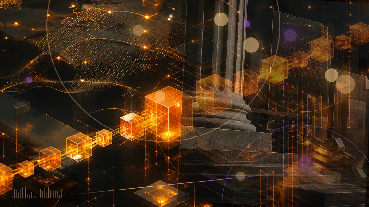 Conceptual illustration of a UK regulatory ledger surrounding a cryptocurrency exchange, custody vault and lending network