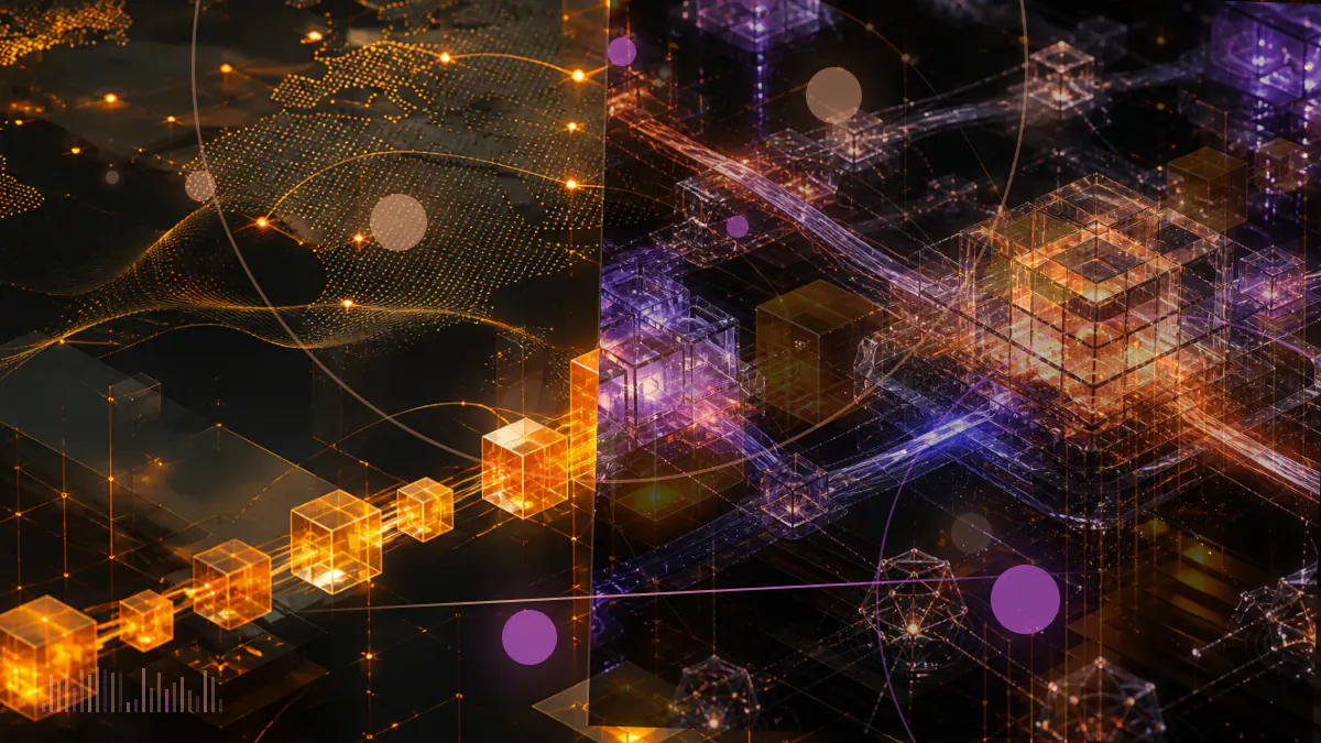 Conceptual illustration of Unichain infrastructure modules migrating into an interconnected Optimism network stack
