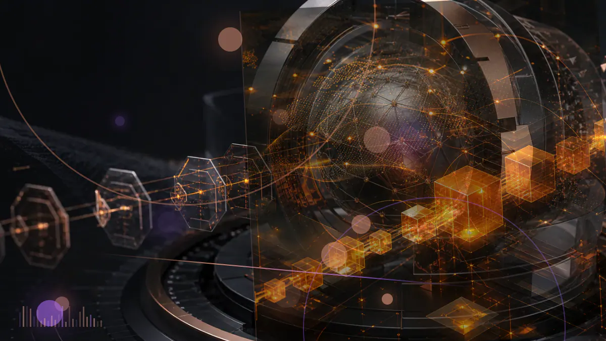 Conceptual illustration of UNI governance tokens distributing from an Ethereum smart contract into a decentralized voting network