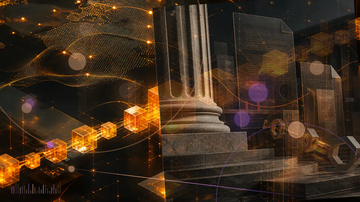 Conceptual illustration of four Ethereum liquidity pools distributing UNI governance tokens through a decentralized protocol network