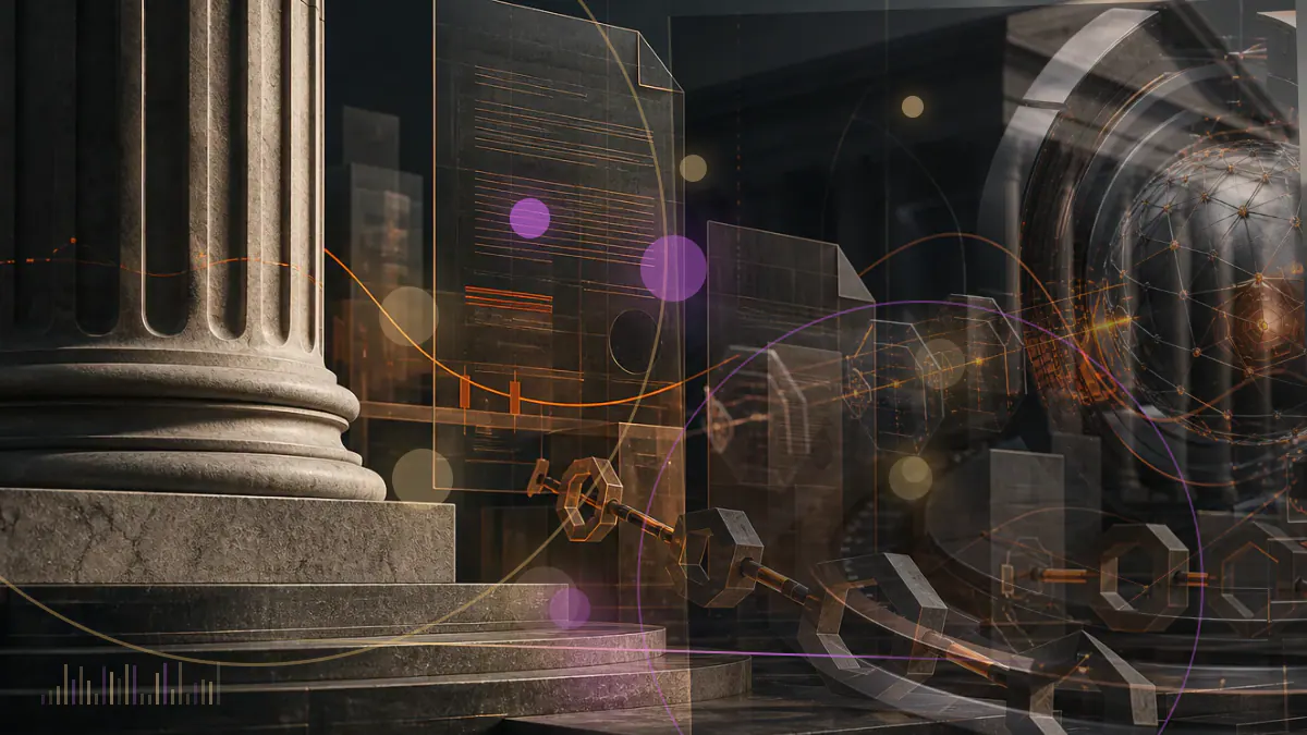 Conceptual illustration of fractured decentralized-exchange code beside a federal court verdict document