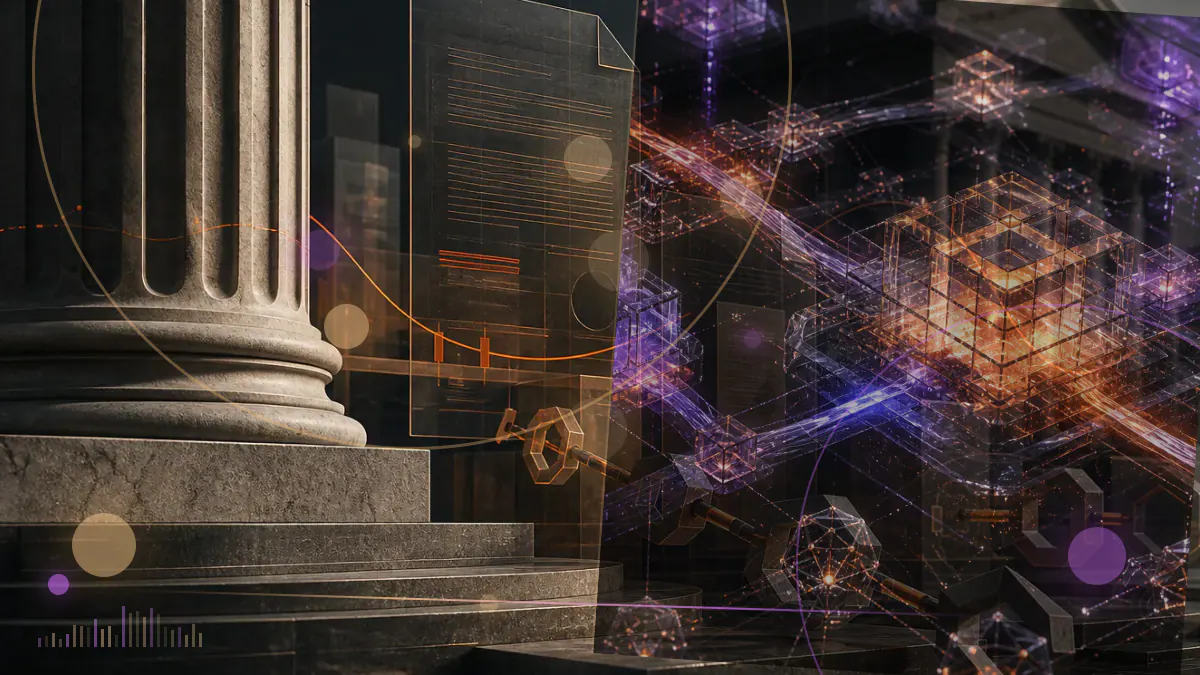 Conceptual illustration of a Bitcoin privacy wallet, mixing paths and servers interrupted by a federal enforcement seal