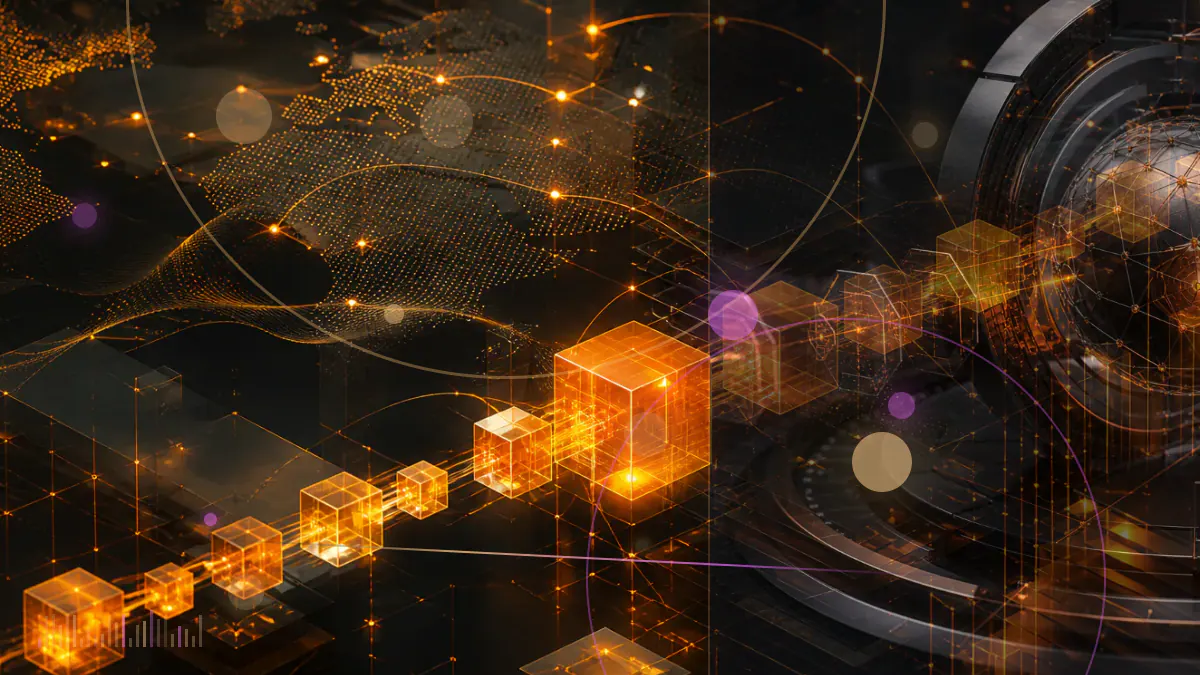 Conceptual illustration of bitcoin symbols moving through formal exchange filings toward a regulatory review desk