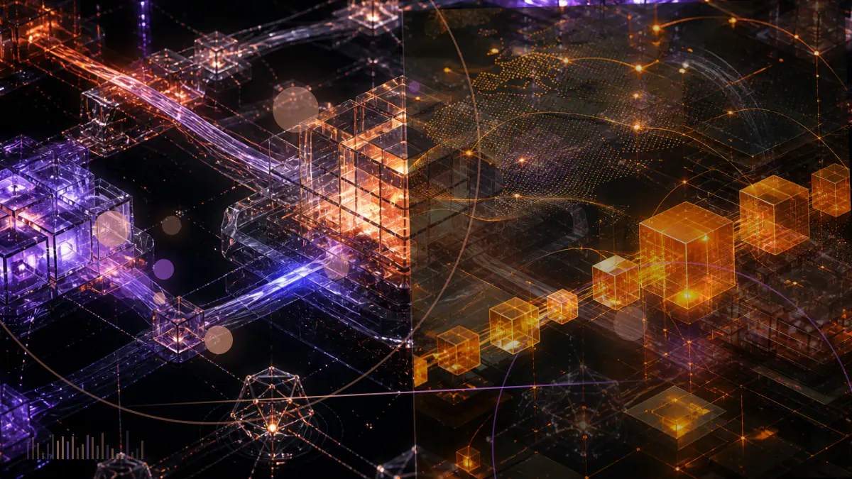 Conceptual illustration of a cryptocurrency exchange ledger divided between federal criminal and commodities-enforcement case files