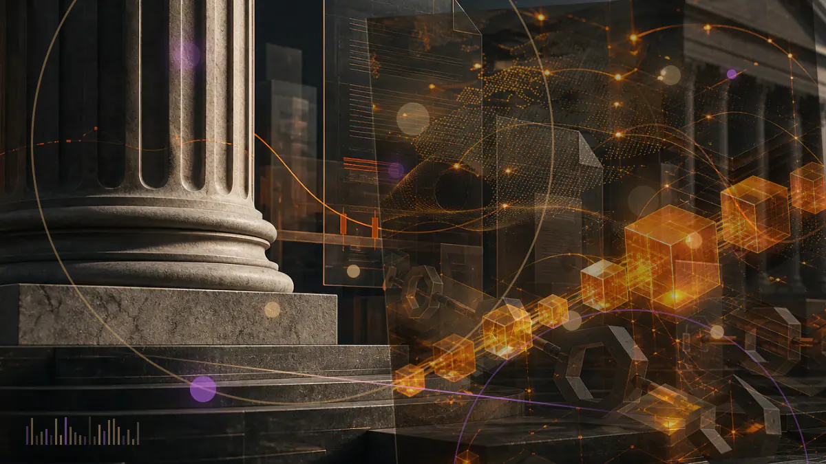 Conceptual illustration of a digital token ledger divided between a securities filing and a federal court case file
