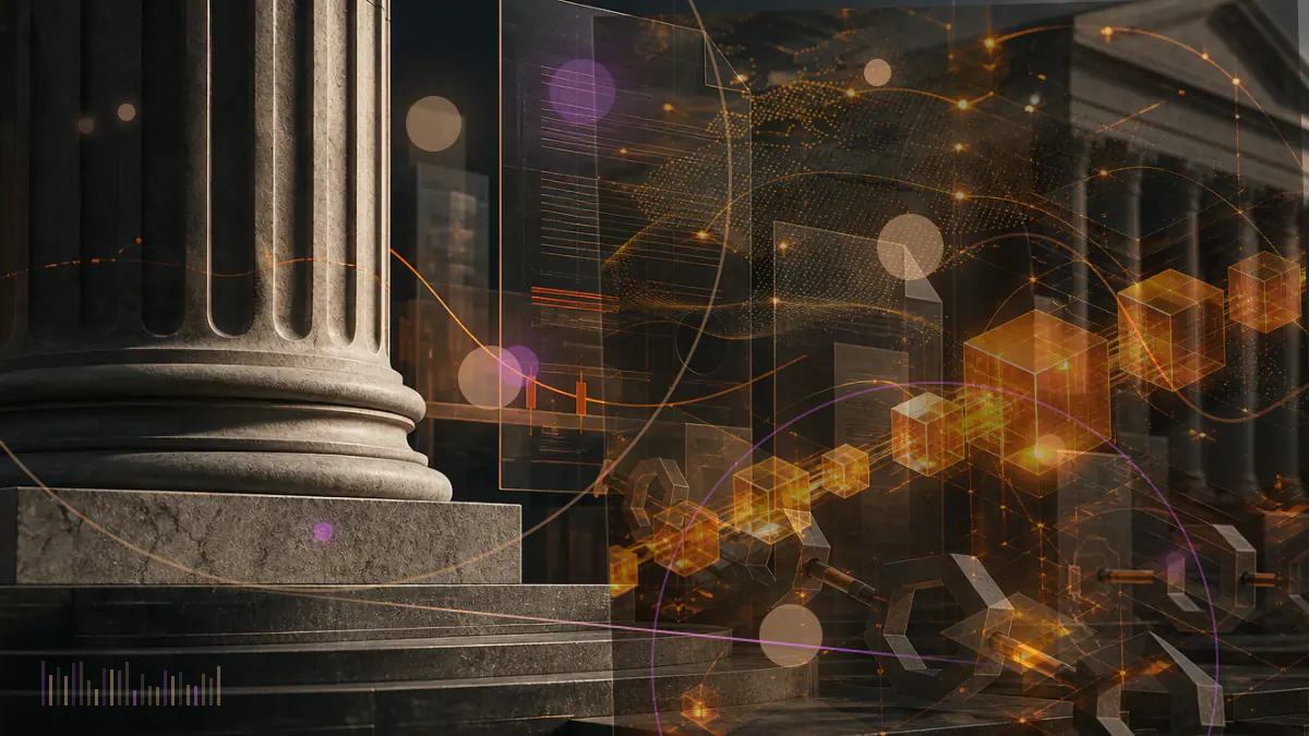 Conceptual illustration of cryptocurrency transfers moving through a sanctions ledger connecting North Korean hackers, exchanges and banking accounts