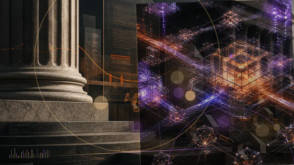 Conceptual illustration of bitcoin entering regulated exchange-traded fund structures beside institutional market ledgers