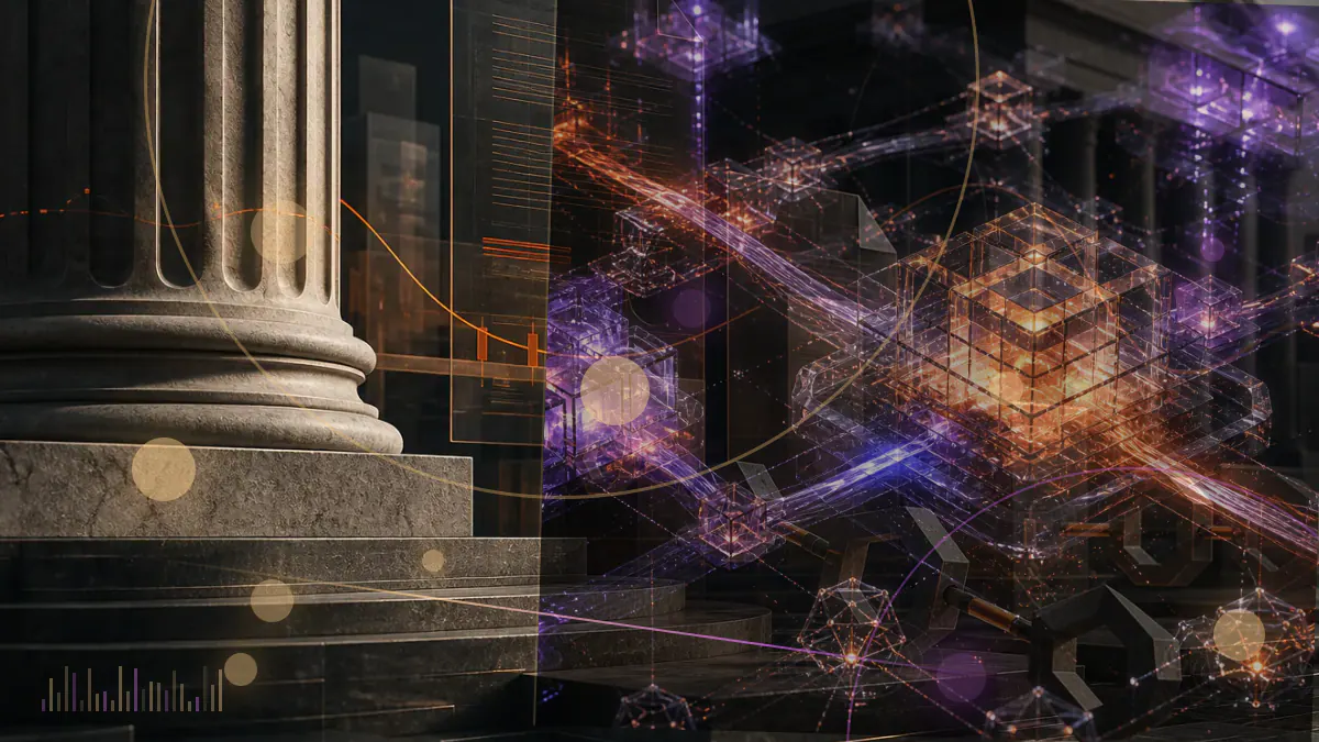 Conceptual illustration of capital flowing into a row of institutional bitcoin fund structures