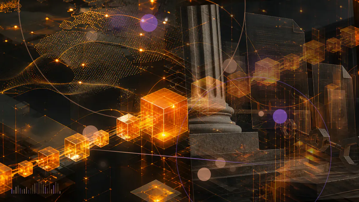 Conceptual illustration of an ether symbol entering a row of regulated exchange-traded market screens