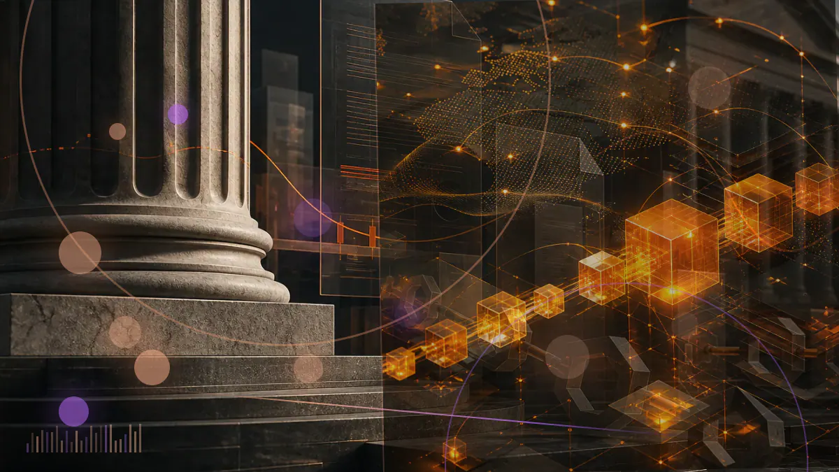 Conceptual illustration of dollar-linked digital tokens passing between financial institutions and a U.S. regulatory ledger