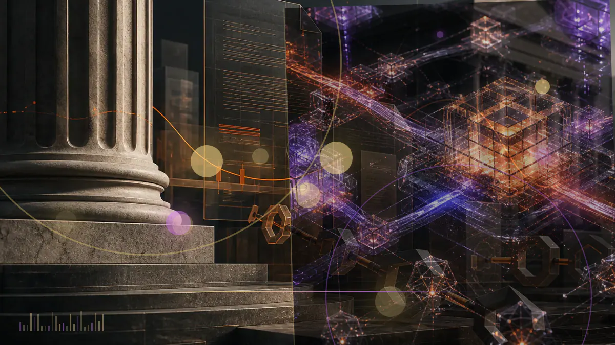 Conceptual illustration of USD1 and CRO tokens beside an illuminated mixed-martial-arts arena on the White House lawn