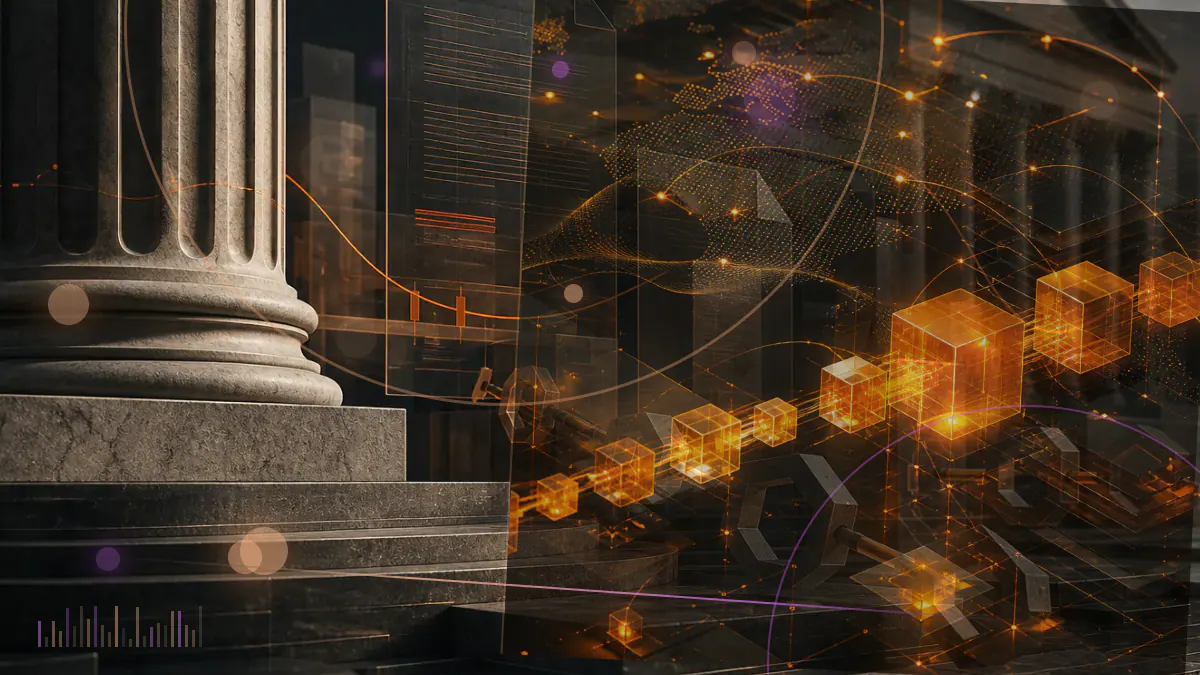 Conceptual illustration of a cryptocurrency basket security separating into settlement paths for cash and digital assets.