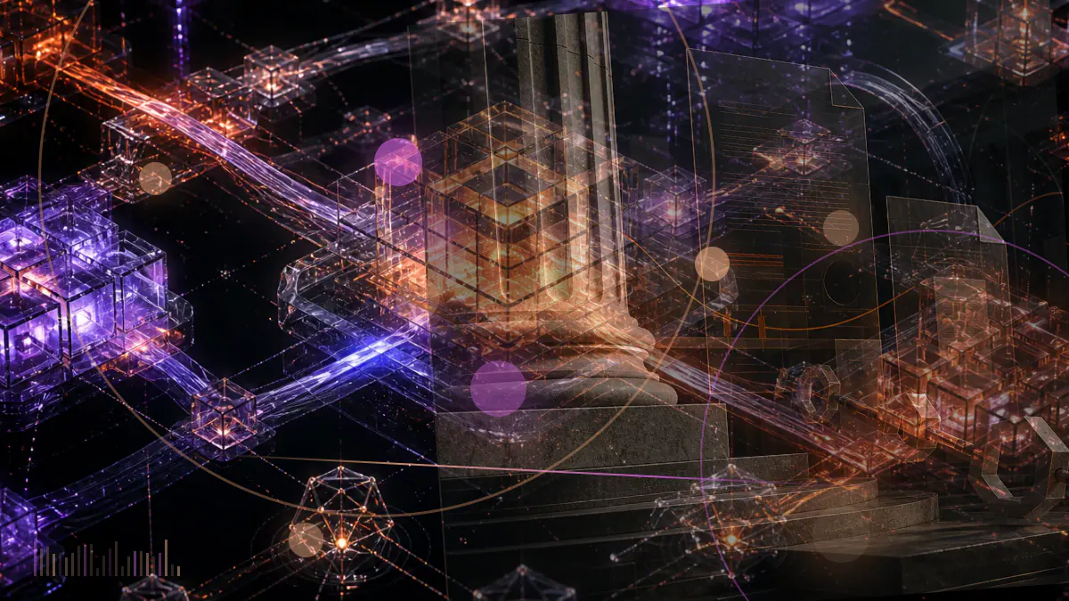 Conceptual illustration of a fractured DeFi liquidity network beside a halted layer-two transaction sequencer