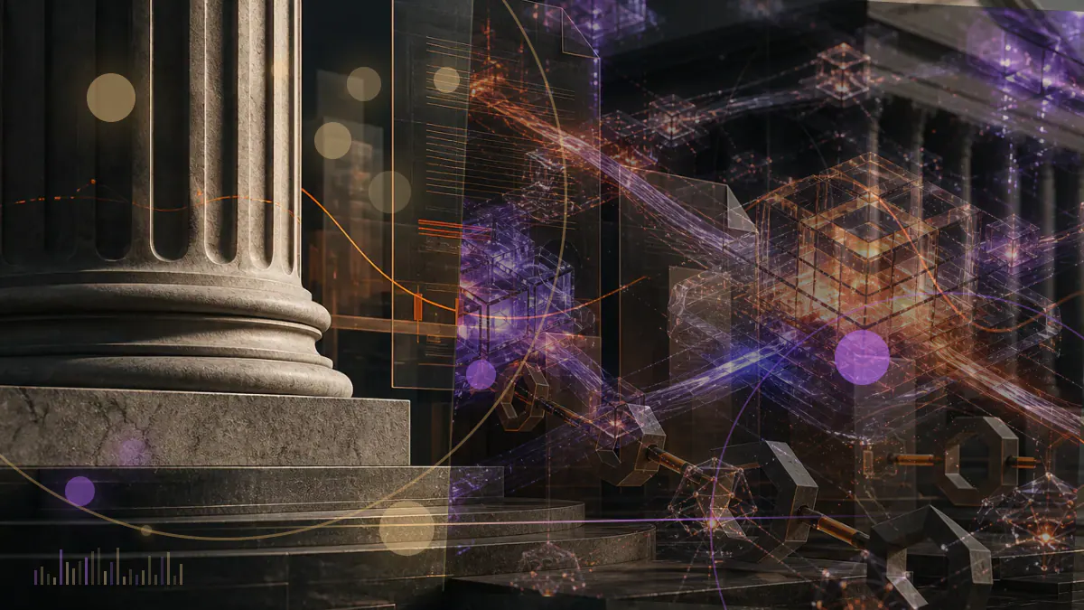 Conceptual illustration of a cryptocurrency network intersecting with a federal court record and sanctions boundary around North Korea