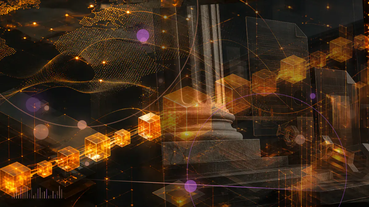 Conceptual illustration of a fractured digital-credit link between Voyager and Three Arrows Capital, represented by bitcoin and stablecoin symbols