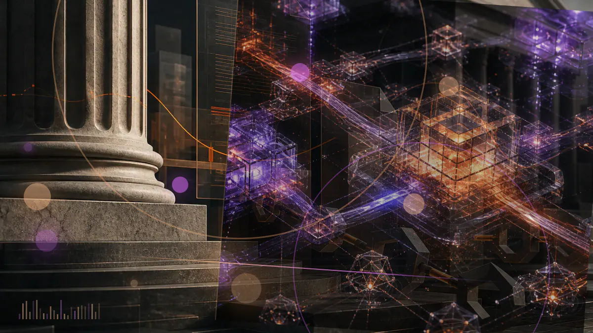 Conceptual illustration of interconnected central banks, institutions and digital-currency networks surrounding a shared governance ledger