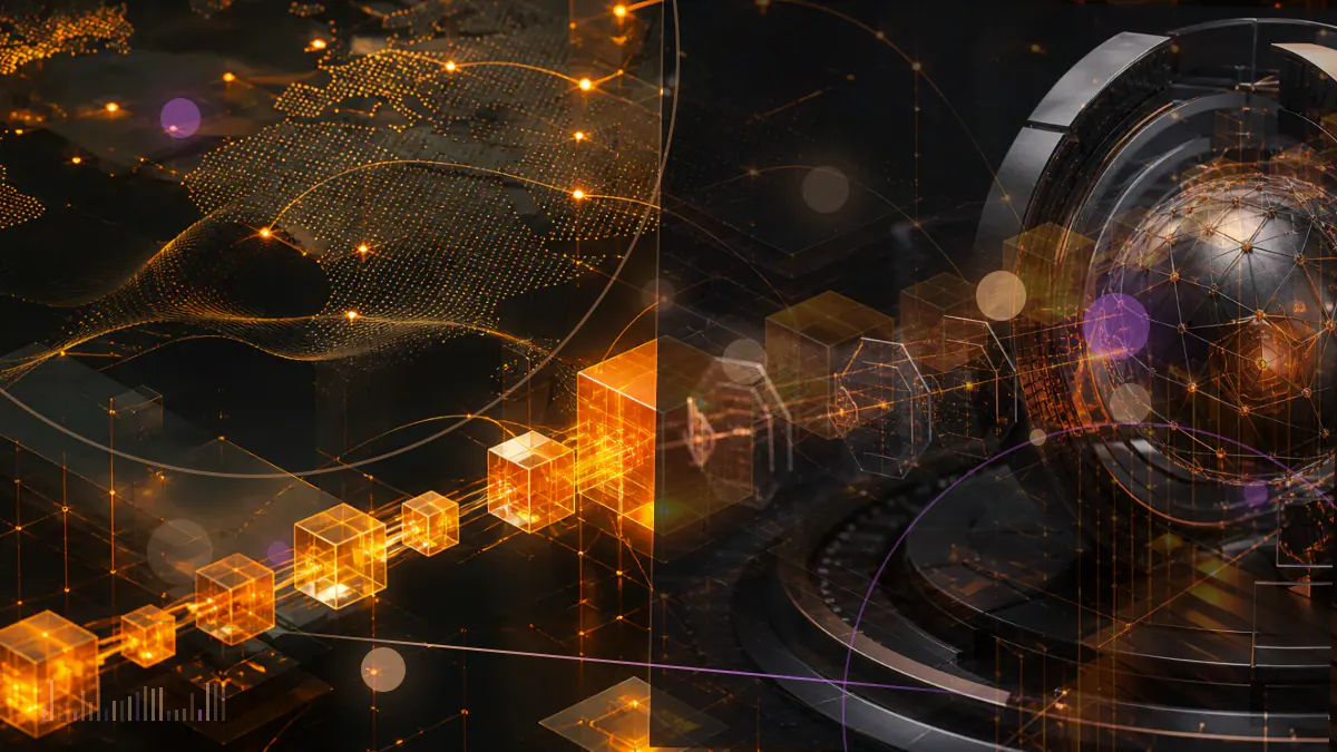 Conceptual global grid connecting blockchain ledgers, regulatory documents and technical standards across jurisdictions