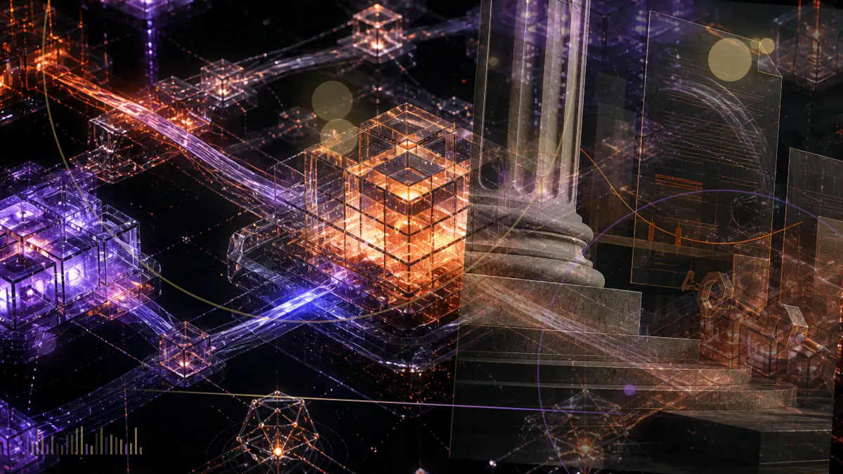 Conceptual illustration of a White House digital-asset policy report connecting federal regulators, banks, markets and blockchain networks