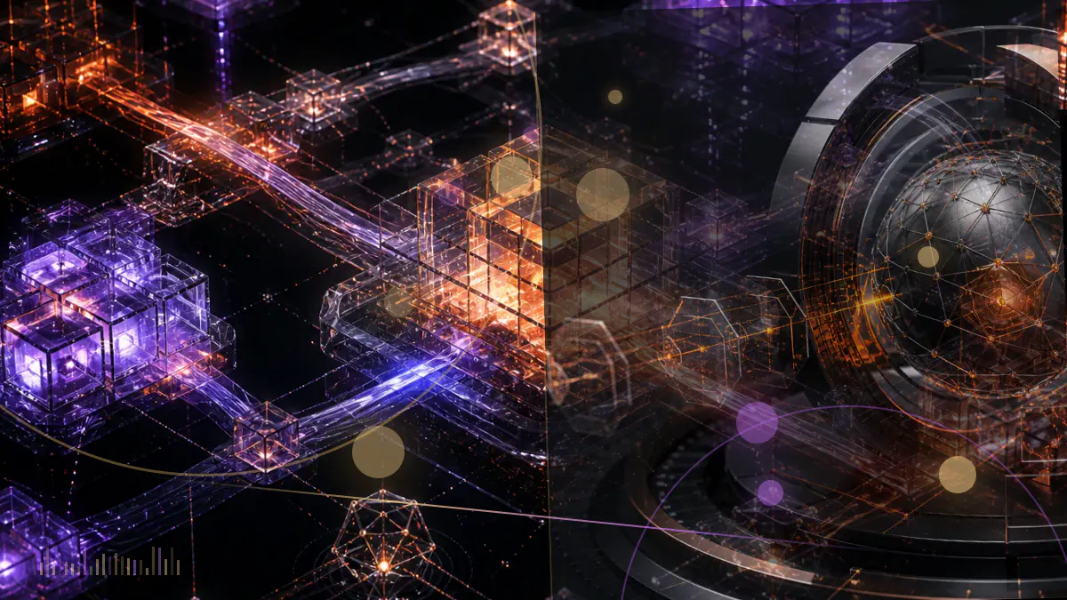 Conceptual illustration of a cryptocurrency ledger under review beside a United States government economic report