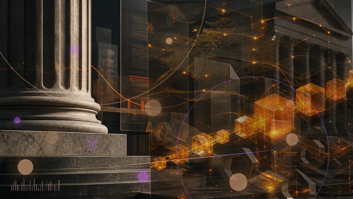 Conceptual illustration of an institutional bond certificate connected to a permissioned blockchain ledger in Australian-dollar capital markets