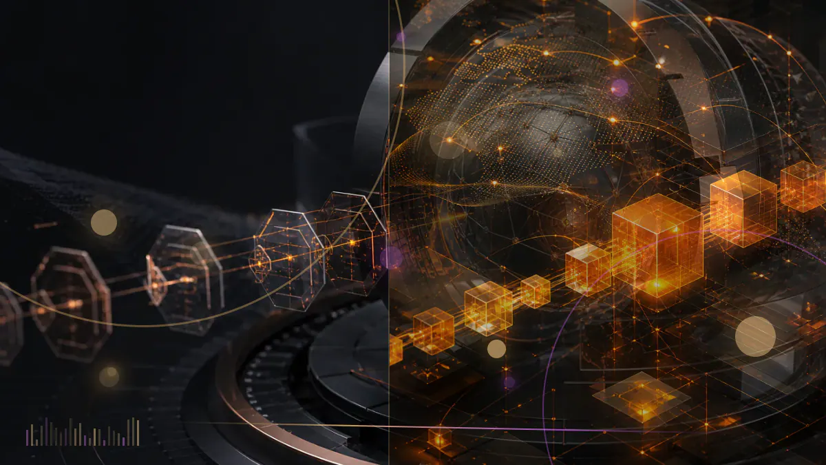 Conceptual illustration of a human iris forming a digital identity credential beside WLD tokens and a blockchain network