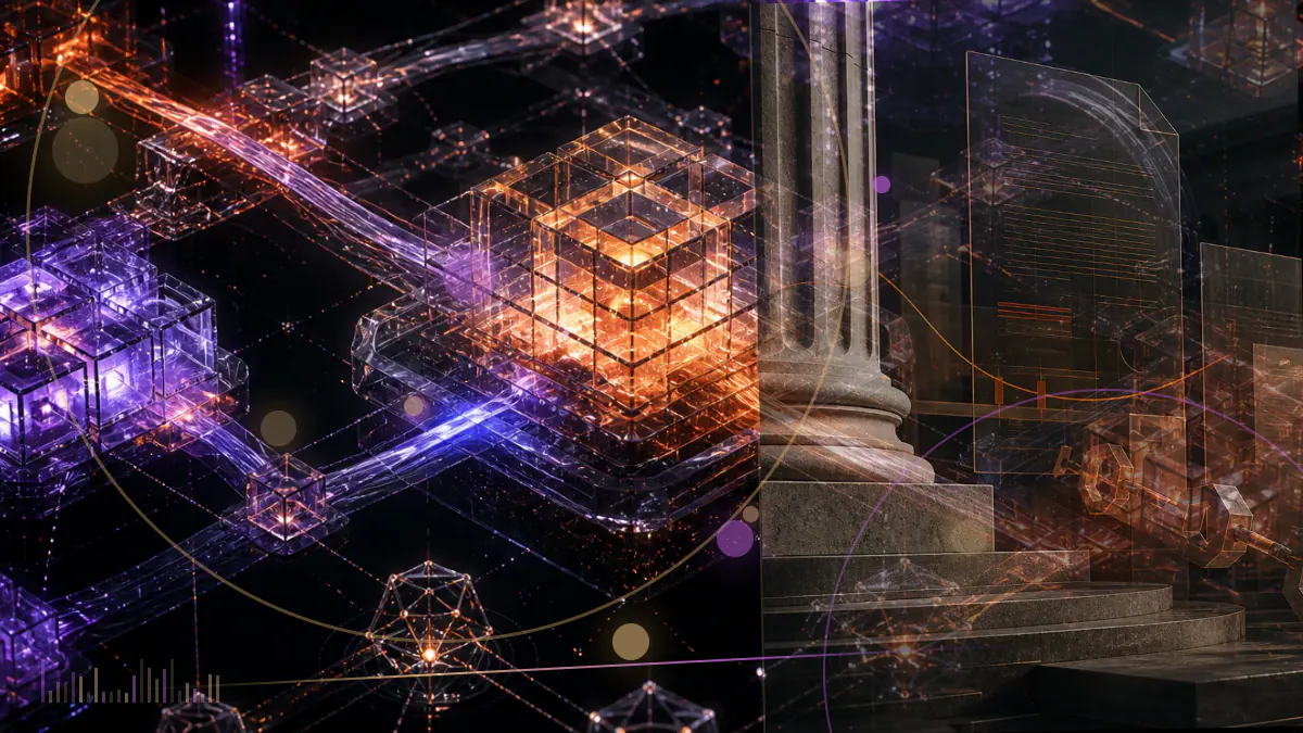 Conceptual illustration of a Wyoming government seal beside a dollar-backed digital token moving toward multiple blockchain networks