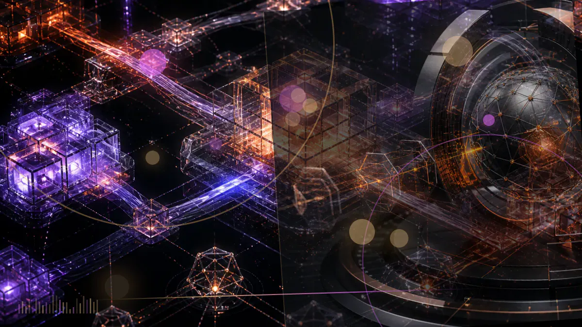 Conceptual illustration of a blockchain ledger incorporated into a Chinese national technology strategy alongside artificial intelligence and quantum computing