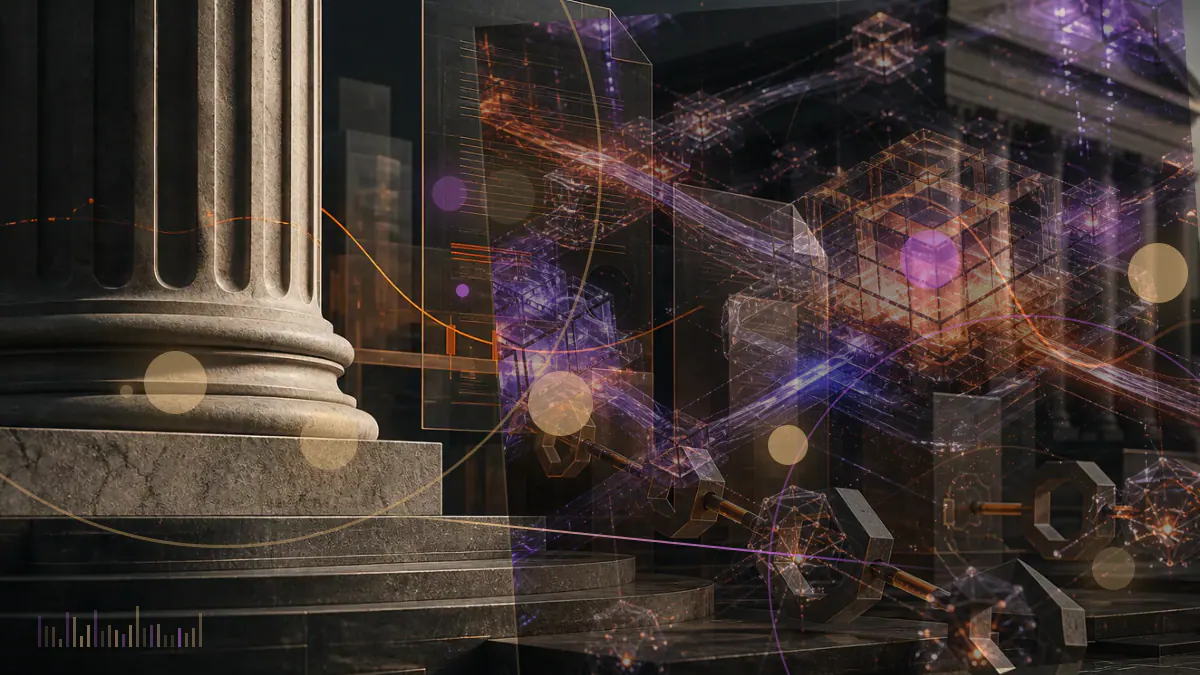 Conceptual illustration of XRP and Dogecoin symbols entering exchange-listed fund structures beside a regulated market display