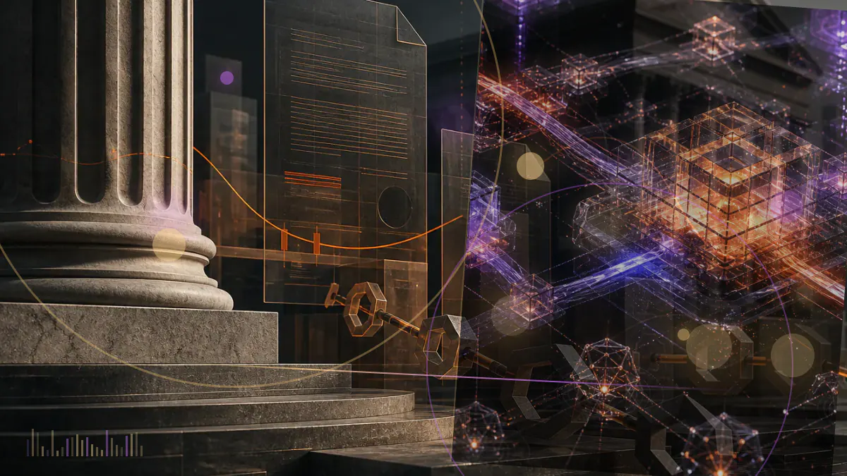 Conceptual illustration of an XRP market token holding fourth place beside a divided court order and exchange trading screens