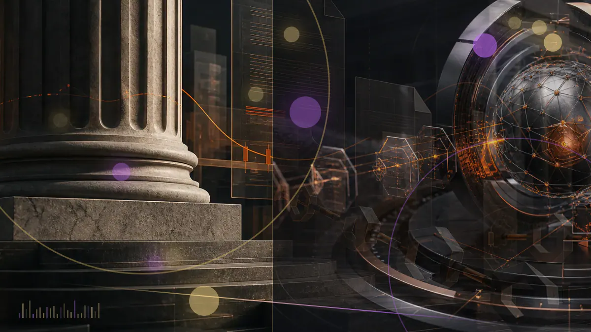 Conceptual illustration of cryptocurrency video screens disappearing behind a centralized content-moderation barrier