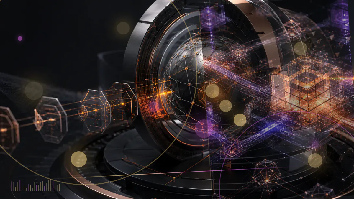 Conceptual illustration of twelve geometric Bitcoin inscriptions arranged around a block-based auction ledger